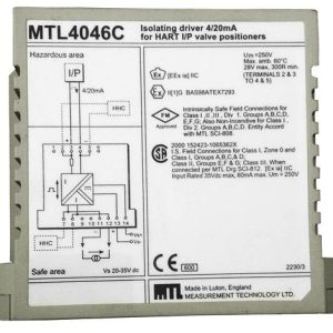 MTL4046C ISOLATING DRIVER for 4 20mA HART® valve positioners with line fault detection
